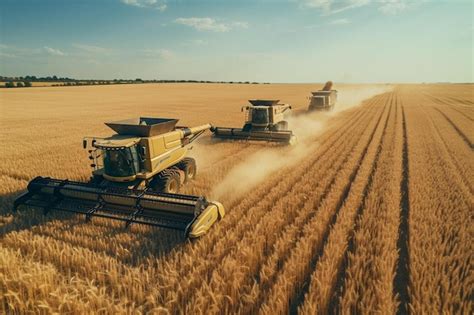 Champ de blé avec des tracteurs en arrière-plan