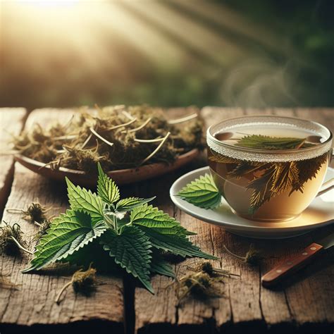 Tasse de tisane d'ortie avec des feuilles d'ortie séchées