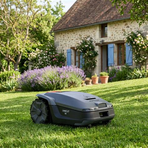 Robot tondeuse en action sur une pelouse verdoyante