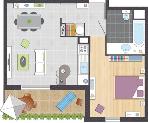 Plan d'un appartement lumineux avec cuisine ouverte