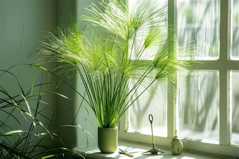 Papyrus cultivé en intérieur près d'une fenêtre lumineuse
