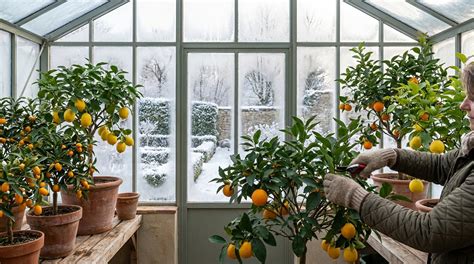 serre pleine d'agrumes en fleurs et fruits