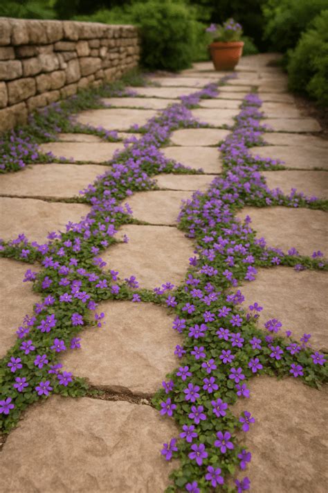 Allée en dalles de pierre beige avec des fleurs violettes entre les joints