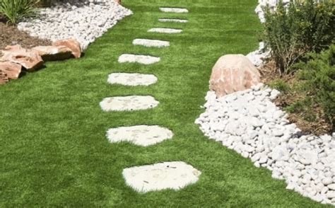 Chemin de jardin avec dalles de pierre irrégulières et tapis de sagina verte entre les pierres.