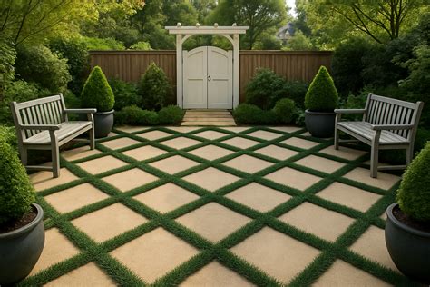 Jardin avec dalles beiges en losanges et quadrillage vert d’Ophiopogon