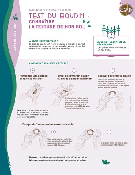 Infographie montrant les différentes textures de sol et le test du boudin pour l'argile