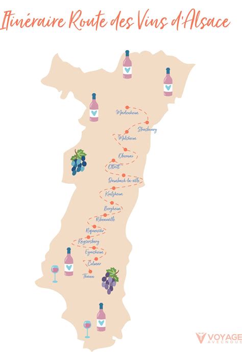 Carte de la route des vins d'Alsace avec des icônes de vignes et de villages