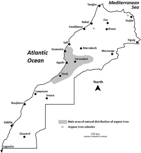 Map showing argan tree distribution in Morocco