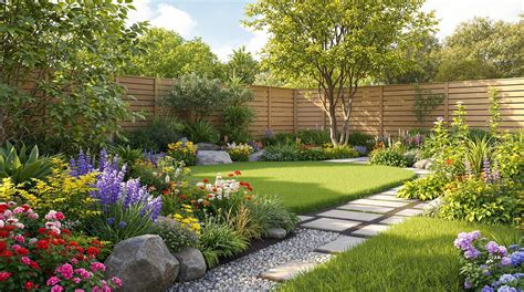 Diversité de matériaux utilisés dans un jardin paysager (bois, pierre, gravier)