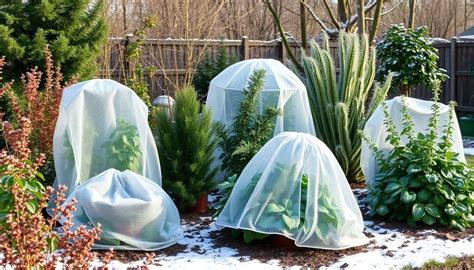 Plantes en pots protégées par un voile d'hivernage