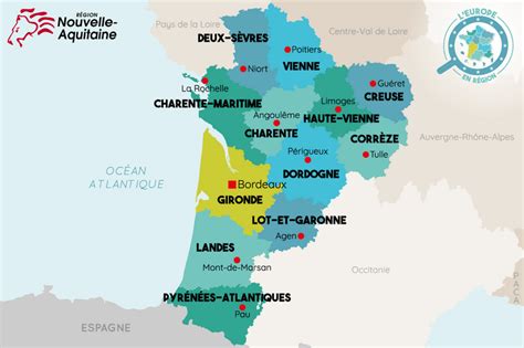 Carte de la Nouvelle-Aquitaine avec les anciennes régions Aquitaine, Limousin et Poitou-Charentes