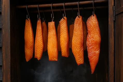 Aliments en cours de fumage dans un fumoir traditionnel