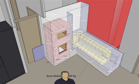 Plan de l'installation du poêle de masse entre le salon et la cuisine