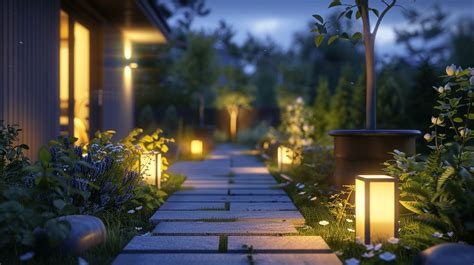 Allée de jardin éclairée la nuit avec des bordures lumineuses