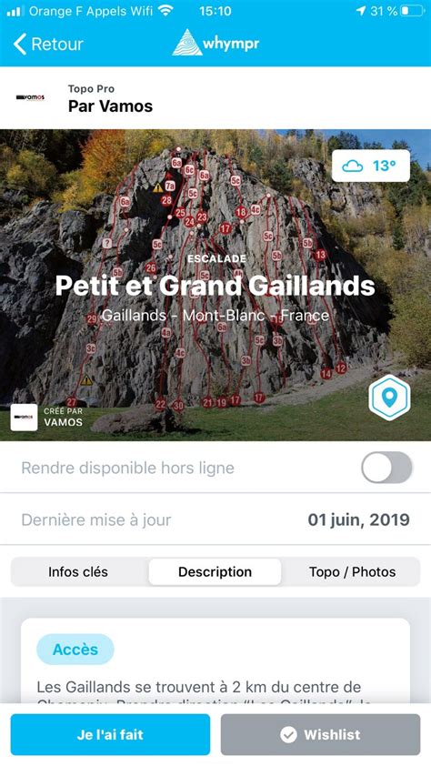 Carte des spots d'escalade des Calanques affichée sur l'application Whympr