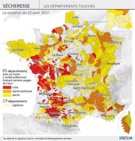 Carte des départements touchés par la sécheresse