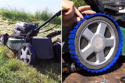 Gros plan sur une roue de tondeuse avec le revêtement cranté Herband installé