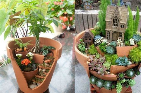 Jardin en niveaux avec pots cassés et succulentes