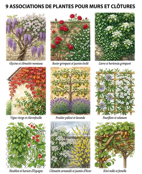 Illustration des cinq plantes grimpantes pour l'ombre (Lierre, Vigne vierge, Hortensia grimpant, Chèvrefeuille, Akebie)