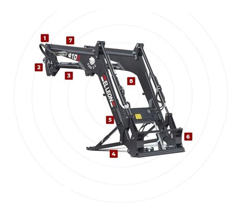 Schéma technique d'un mini-tracteur avec chargeur frontal et points d'articulation
