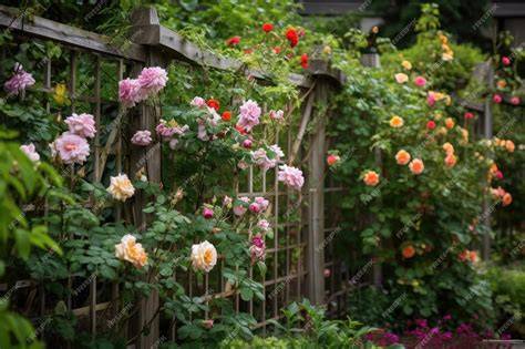 vue d'ensemble d'un jardin avec rosiers grimpants en arrière-plan et hostas en premier plan
