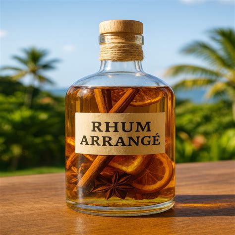 Image stylisée d'un verre de rhum avec des épices et des fruits tropicaux