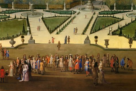 Vue des jardins de Versailles avec Louis XIV en promenade
