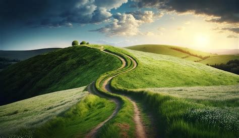 Chemin sinueux et champs verts