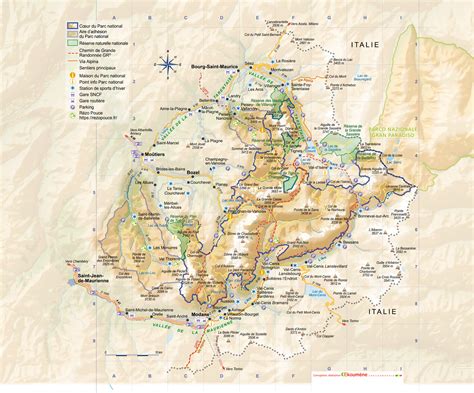 Carte topographique de la Haute-Maurienne avec les itinéraires de randonnée