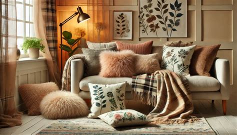 Mur décoré avec des coussins textiles et des étagères