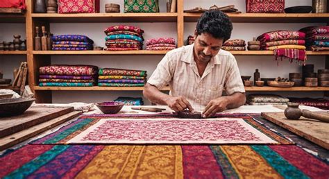 Artisan pratiquant la technique du block print sur un textile en coton
