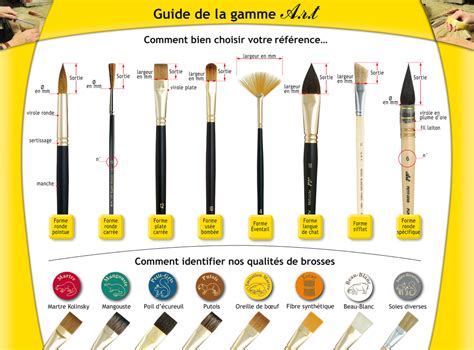 Schéma explicatif des différents types de pinceaux et leur usage spécifique