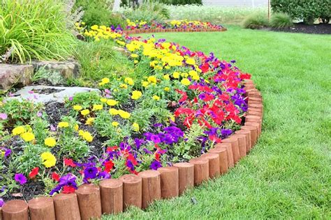 Bordure imitation bois délimitant un parterre de fleurs