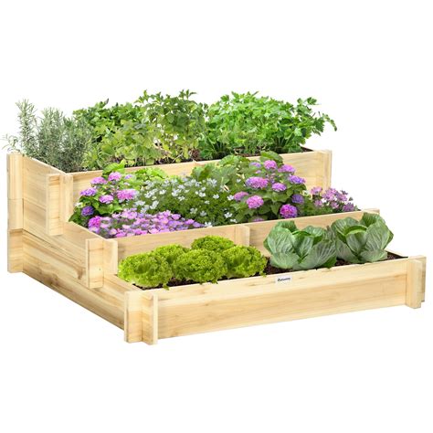 Illustration d'un potager surélevé en bois rempli de diverses plantes aromatiques et légumes nains.