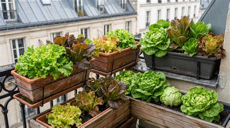 Laitues diverses en pots sur un balcon
