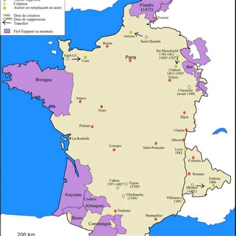 Carte de France montrant les anciens ateliers monétaires