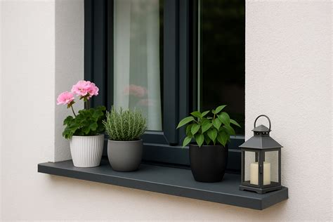 Pots de géraniums odorants sur un rebord de fenêtre