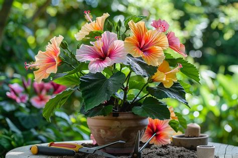 Boutures d'hibiscus enracinées dans des pots