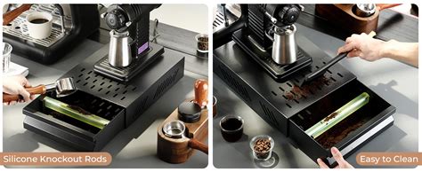 Un barista professionnel utilisant une knock box en acier inoxydable pour vider un porte-filtre