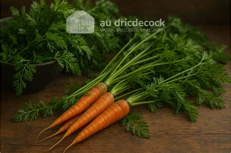 Un bouquet de carottes fraîches avec leurs fanes vertes et luxuriantes posé sur une table en bois