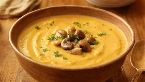 Un potage onctueux dans un bol en céramique, parsemé de croûtons dorés et d'herbes fraîches