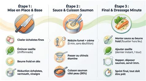 Schéma illustrant les étapes de préparation : lavage, découpe, cuisson, mixage et dressage