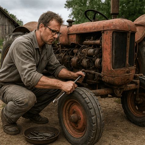 Groupe de passionnés restaurant un vieux tracteur
