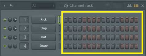 Schéma du Channel Rack de FL Studio avec des samples de batterie