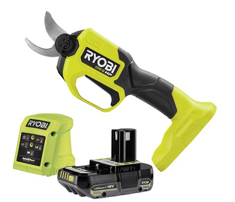 image d'une boîte de sécateur Ryobi avec une batterie et un chargeur à côté