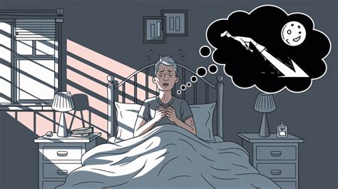 Illustration stylisée d'un homme se réveillant dans l'obscurité, avec des pensées flottantes
