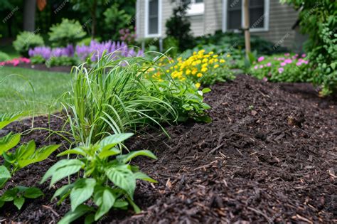 Mulched garden bed with healthy plants