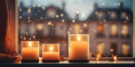 Fenêtre décorée de bougies et guirlandes lumineuses