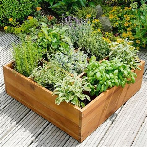 Bac carré en bois avec des plantes aromatiques sur une terrasse