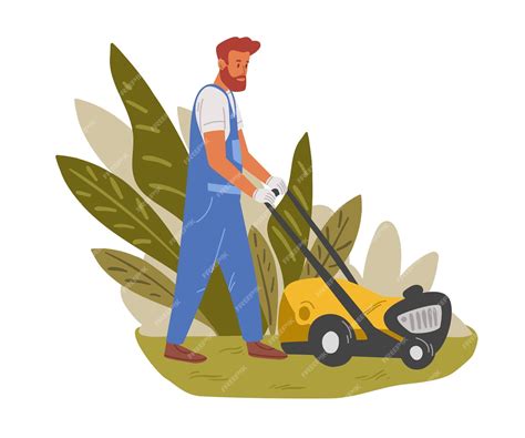 Illustration d'un jardinier professionnel tondant une pelouse avec une tondeuse